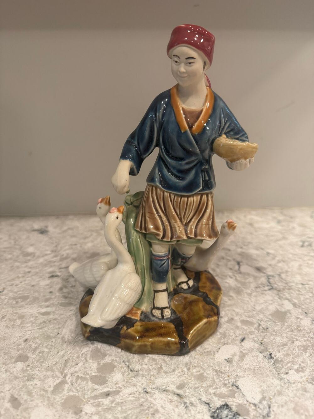 Vintage Nanjing Porcelain Figurine Man Feeding Geese 8.5"